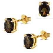 14k Gold Plated | 5x7mm Oval Prong-Set Smoky Quartz Sterling Silver Stud Earrings - e446